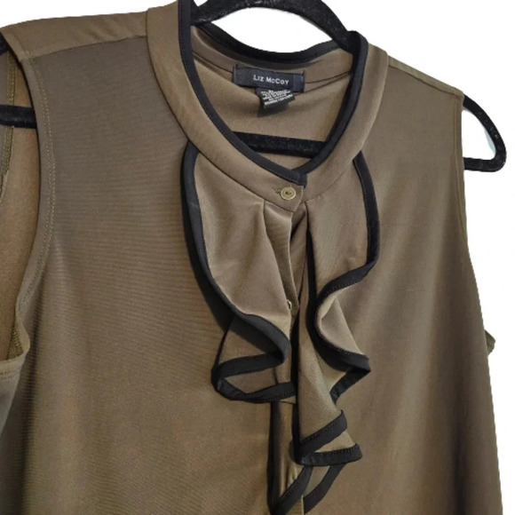 Liz McCoy Olive Green and Black Blouse with Ruffled front - Picture 2 of 5